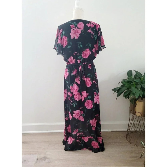 INC International Concepts Pink Black Floral Faux Wrap Midi Flutter Dress 10 M - Picture 10 of 16